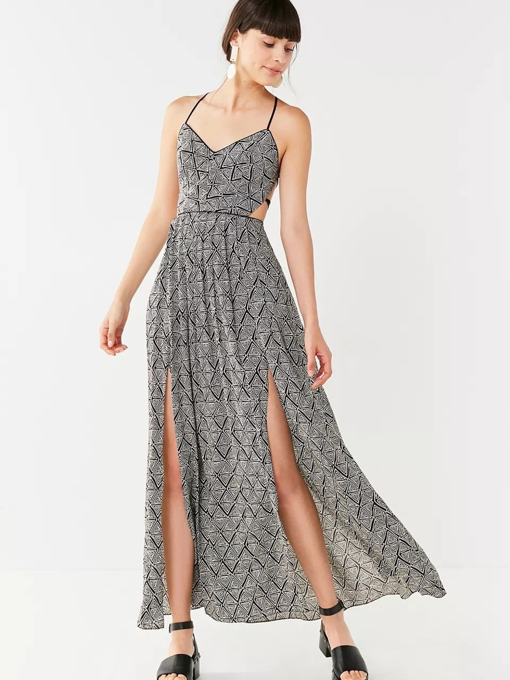 UO Black and White Geometric Maxi Dress with Slits XS